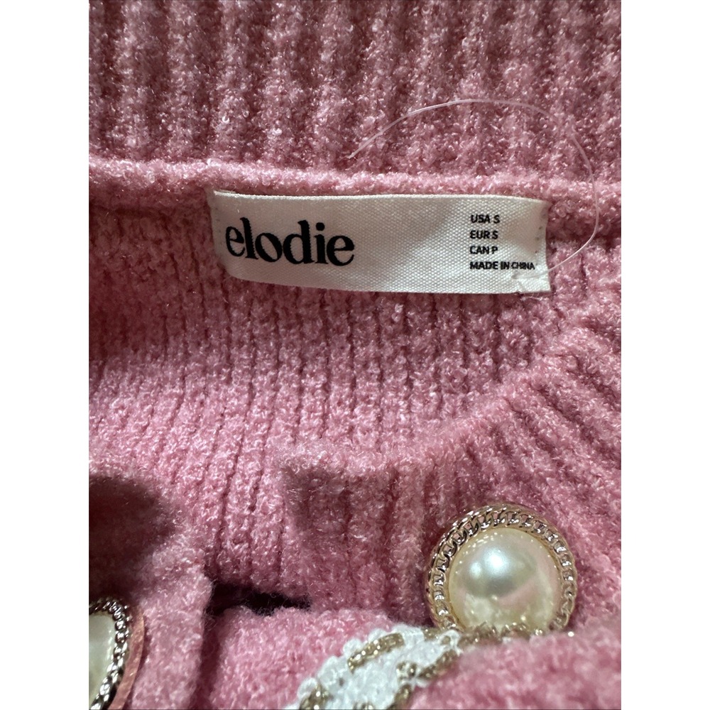 Elodie Pink White Classic Elegance Parisian Chic Cardigan Pearl Buttons Small - Picture 3 of 9